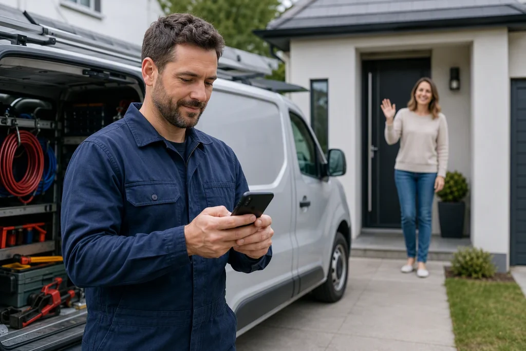 Tradesperson sending review request from tidy van