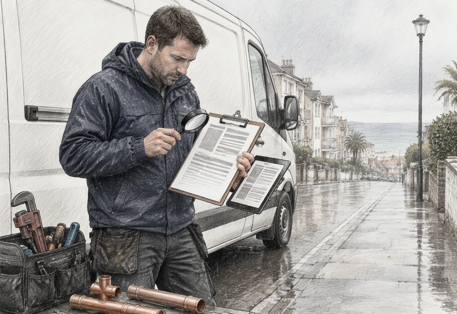 Dorset plumber checking search preview on laptop