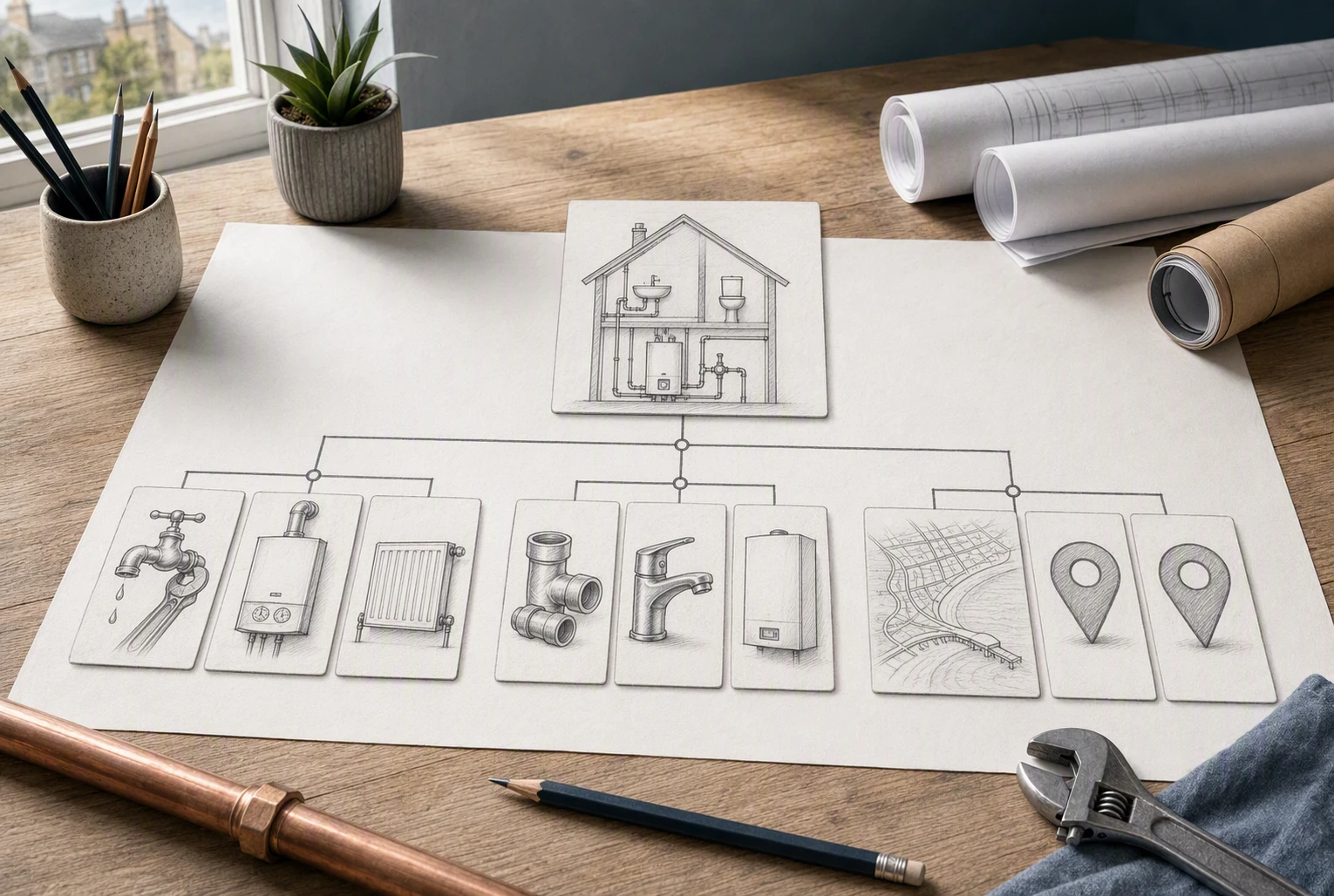 Flowchart linking plumbing services products areas
