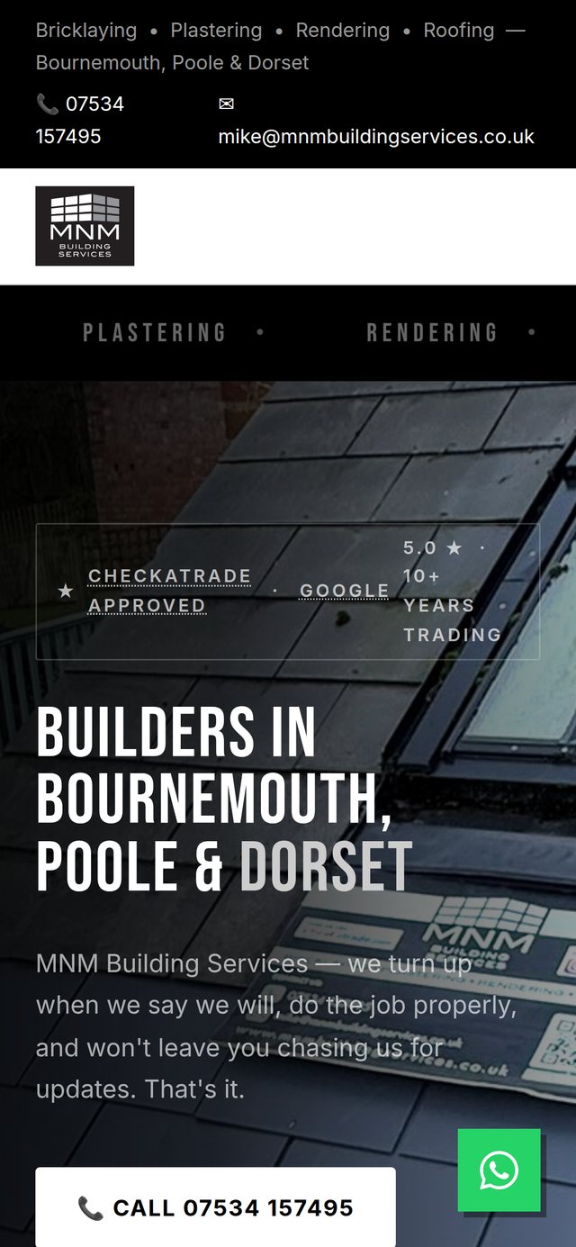 MNM Building Services website on mobile